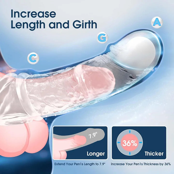 Penis Sleeve Vibrating Cock Sleeve - 2 Sizes Penis Extender Reusable Realistic Adult Sex Toys Remote Control Couples Vibrator with 10 Modes Elastic Penis Ring Girth Enhancer for Men