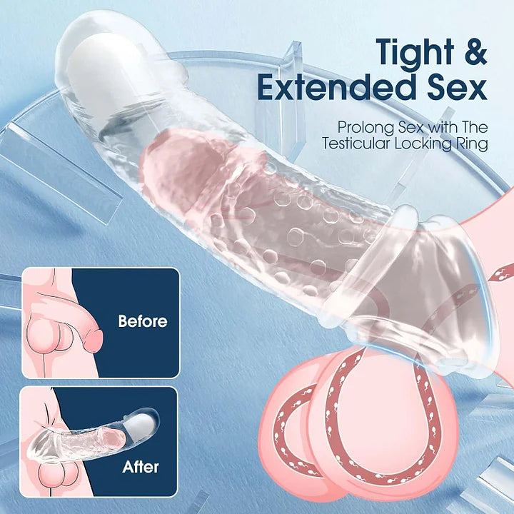 Penis Sleeve Vibrating Cock Sleeve - 2 Sizes Penis Extender Reusable Realistic Adult Sex Toys Remote Control Couples Vibrator with 10 Modes Elastic Penis Ring Girth Enhancer for Men