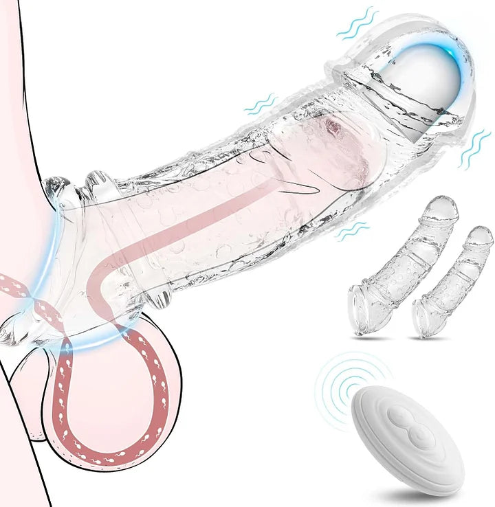 Penis Sleeve Vibrating Cock Sleeve - 2 Sizes Penis Extender Reusable Realistic Adult Sex Toys Remote Control Couples Vibrator with 10 Modes Elastic Penis Ring Girth Enhancer for Men