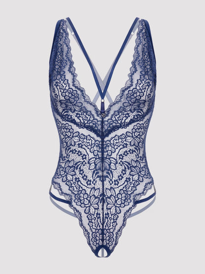 Plus Size Late Night Liaison Blue Crotchless Lace Teddy