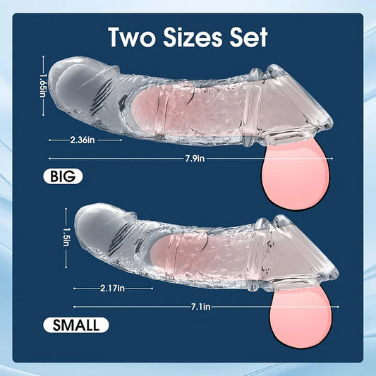 Penis Sleeve Vibrating Cock Sleeve - 2 Sizes Penis Extender Reusable Realistic Adult Sex Toys Remote Control Couples Vibrator with 10 Modes Elastic Penis Ring Girth Enhancer for Men